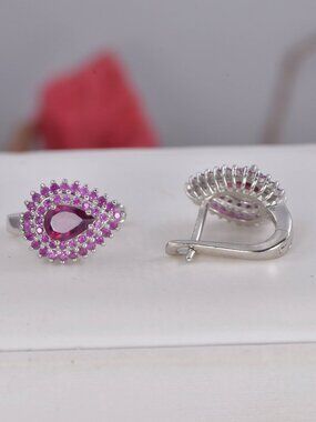 Natural Ruby Double Halo Hoop Earrings 925 Sterling Silver